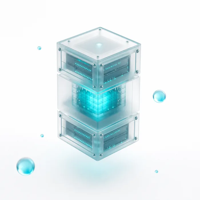 3D glass server stack with glowing core